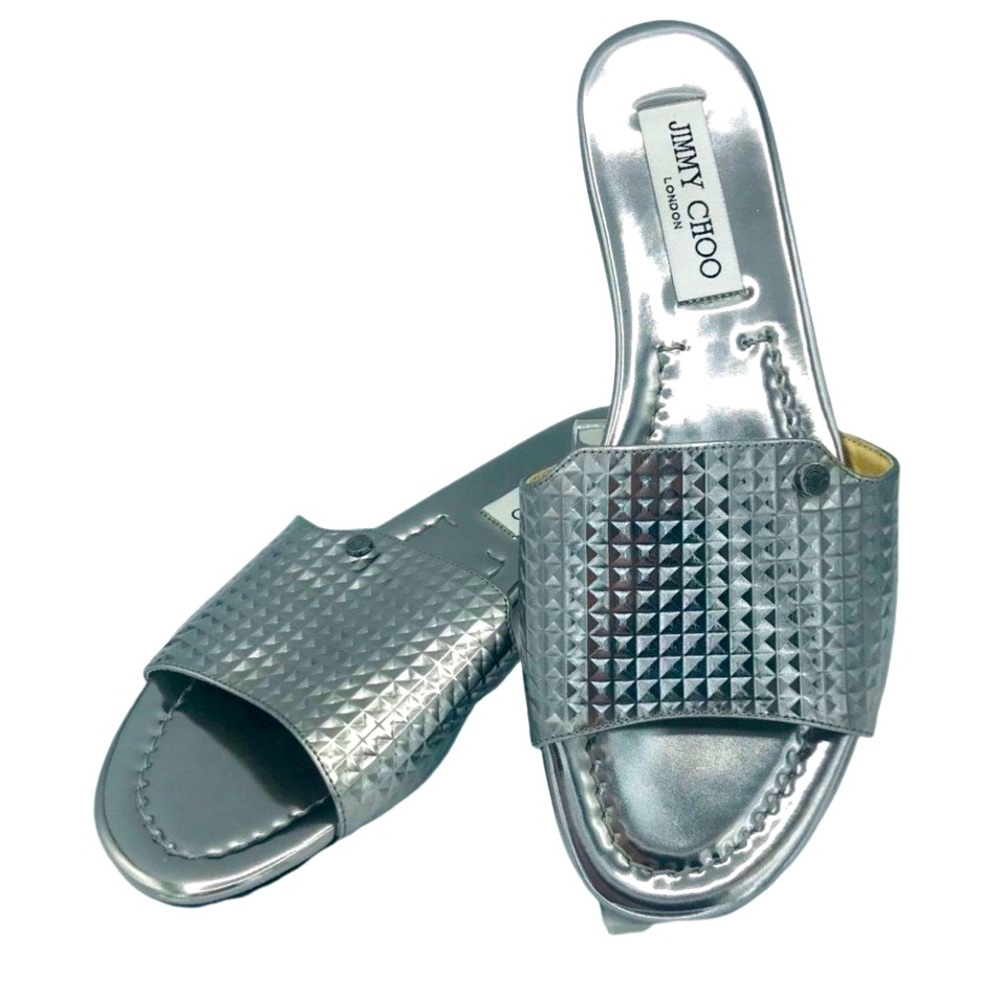 NWOB! JIMMY CHOO STEEL MIRRORED LEATHER SLIDES